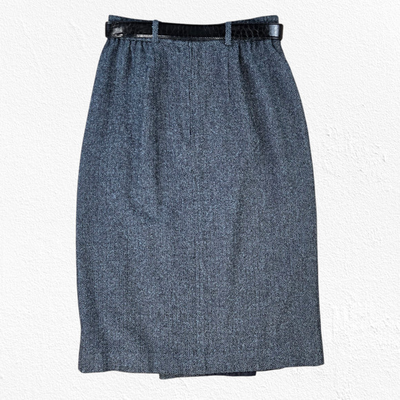 1990s Vintage Blue Gray Wool Blend Herringbone Front Button Wrap Skirt Size 10P - Picture 10 of 10